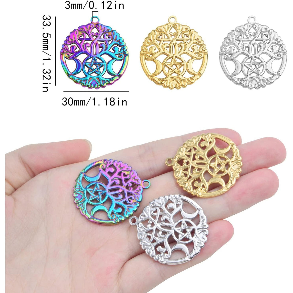9pcs Hollow Crescent Moon and Star Charms Triple Moon Goddess Pendants Celestial Pentagram Moon Flower Dangle Pendants for DIY Necklace Earrings Jewelry Making Decor, 3 Colors
