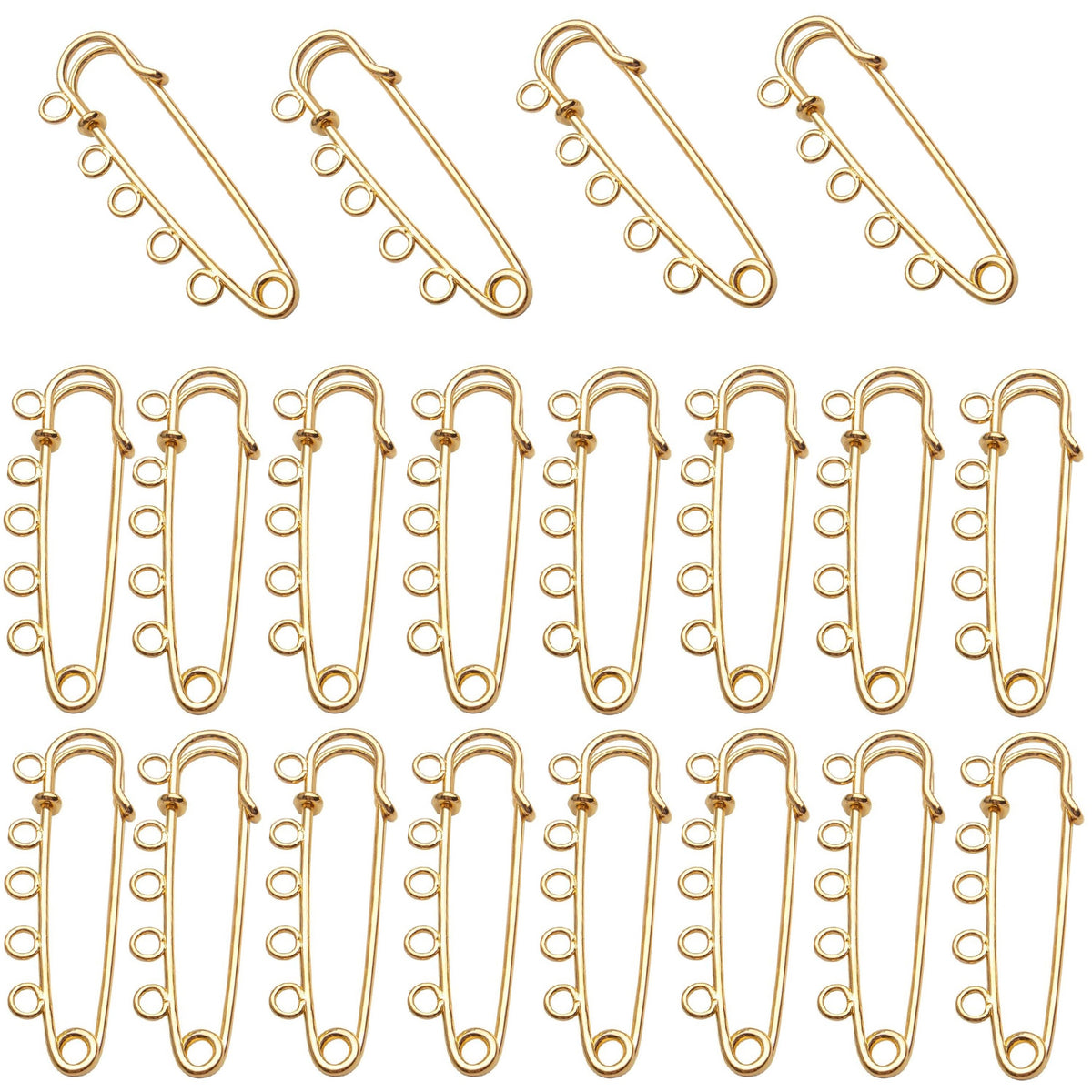 Heavy Duty Alloy Safety Pins - 20pcs Bulk Pack with 5 Loops - Gold, Silver, Antique Bronze, Rose Gold - 50x15mm