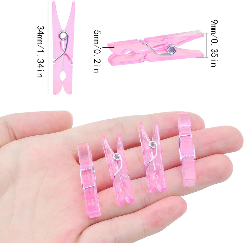 100 Pieces Clear Plastic Clothespins Mini Transparent Craft Clips Pictures Paper Peg Pins for Hanging Photos String Fairy Lights Wedding Party Decor, Pink