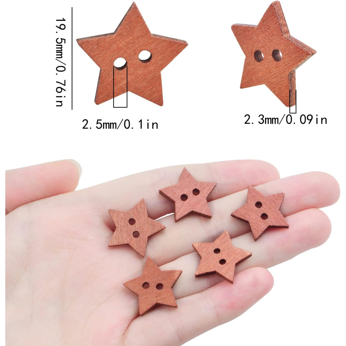 200pcs Wooden Star Buttons with 2 Holes Star Shape Sewing Knitting Wood Buttons Accessories DIY Sewing Clothes Craft Projects Scrapbooking Decoration, Vintage Coffee Color