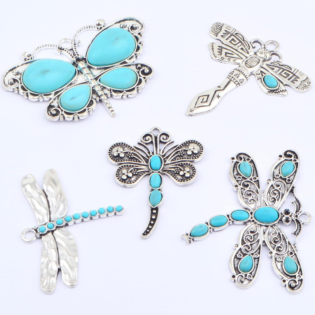 5pcs Turquoise Animal Dragonfly Butterfly Charms Vintage Alloy Mixed Flying Animal-shaped Dangle Pendants for DIY Necklaces Keychains Jewelry Making Crafting, 5 Styles