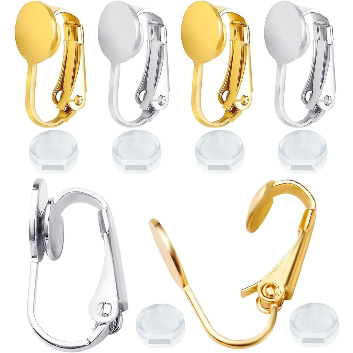 20pcs Clip-on Earring Converters Brass Round Flat Back Tray Earring Clips Components with Silicon Earring Pads for DIY Earrings Design Jewelry Making Findings, Gold and Silver