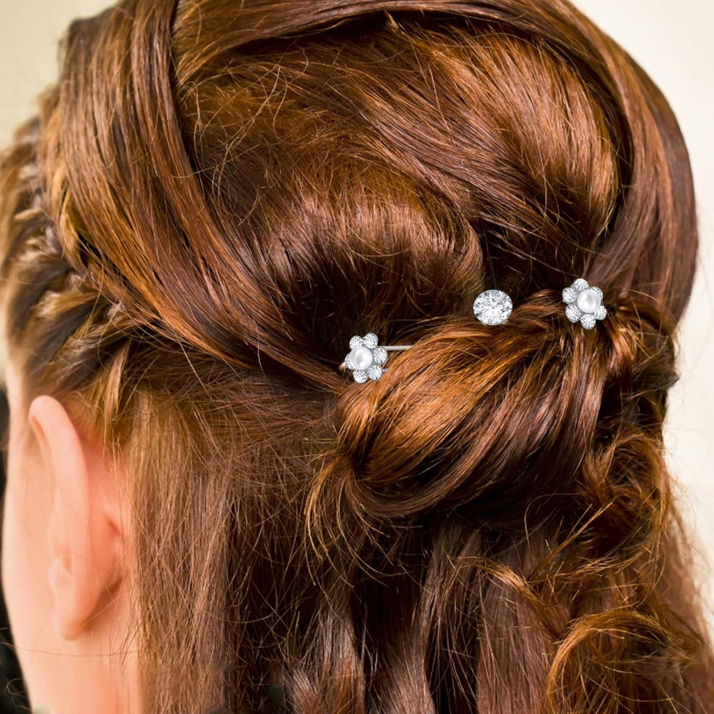 24pcs Silver Pearl Hair Pins Headpiece Metal U-shaped Rhinestone Flower Embellished Bobby Pins Bridal Hair Accessories for Women Girls Bride Bridesmaid Wedding, 4 Styles
