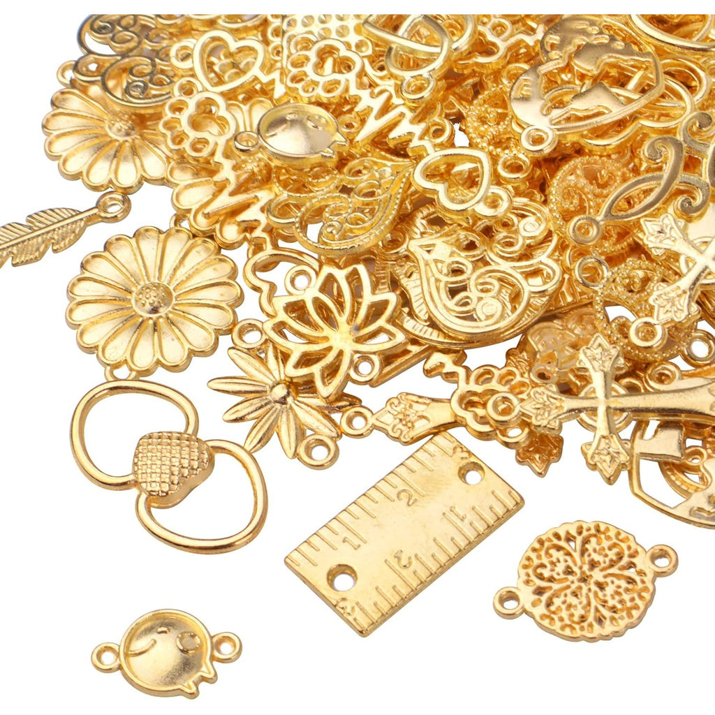 100g Gold Plated Jewelry Charms Connectors, Flower Leaf Heart Round Ruler Charm Pendant Connectors Bracelet Charm Connector for DIY Jewelry Making Accessory