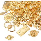 100g Gold Plated Jewelry Charms Connectors, Flower Leaf Heart Round Ruler Charm Pendant Connectors Bracelet Charm Connector for DIY Jewelry Making Accessory
