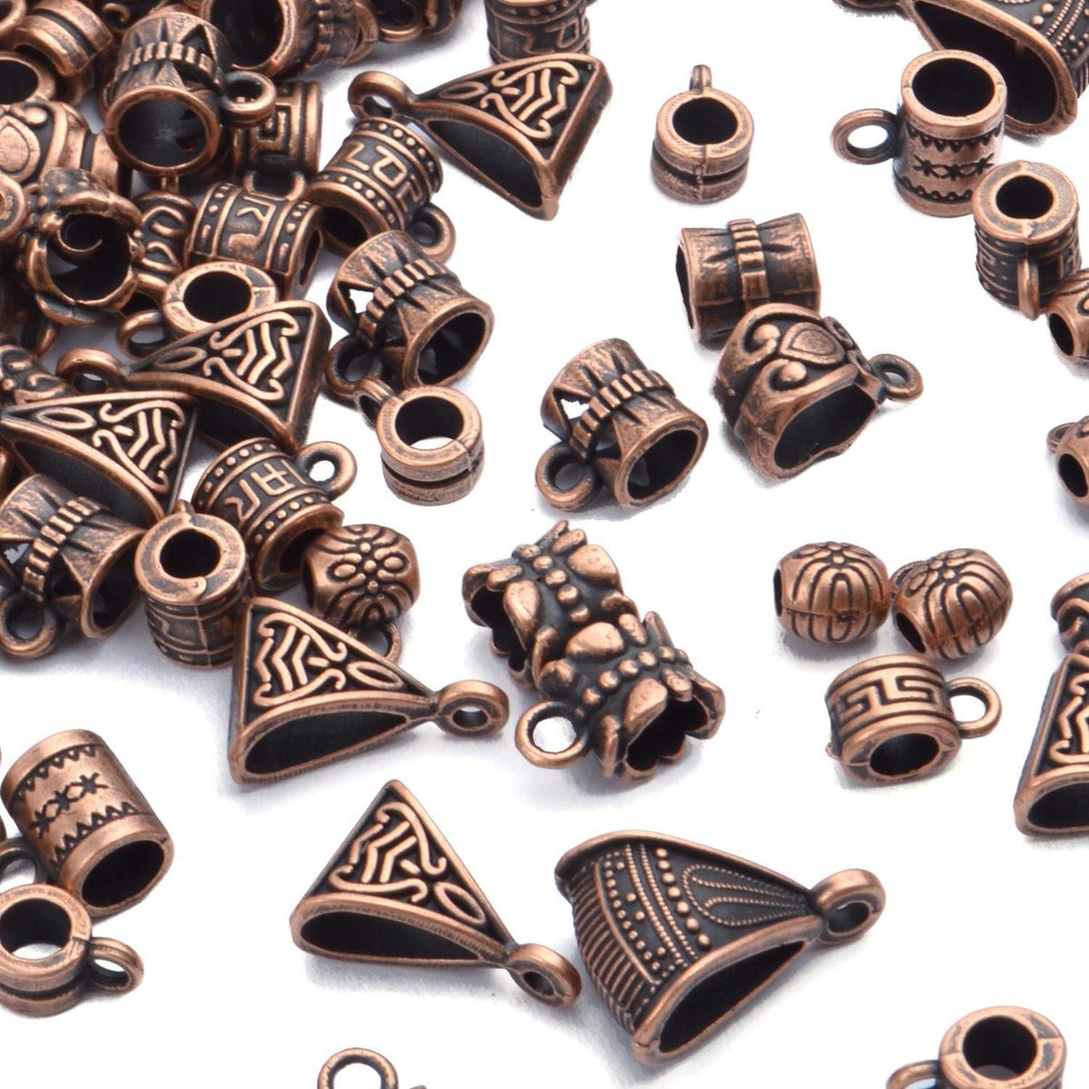 100g (About 120-170pcs) Mixed Antique Copper Bail Beads,Spacer Bead,Bail Tube Beads,Bracelet Charms,Necklace Pendants for Jewelry and Craft Making
