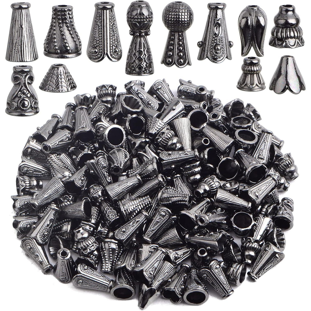 100 Gram (About 110-150pcs) Assorted Styles Cone Bead Caps Tibetan Alloy Flower Spacer Bead Caps Tassel End Caps for DIY Crafts Jewelry Making Supplies, Gun Black