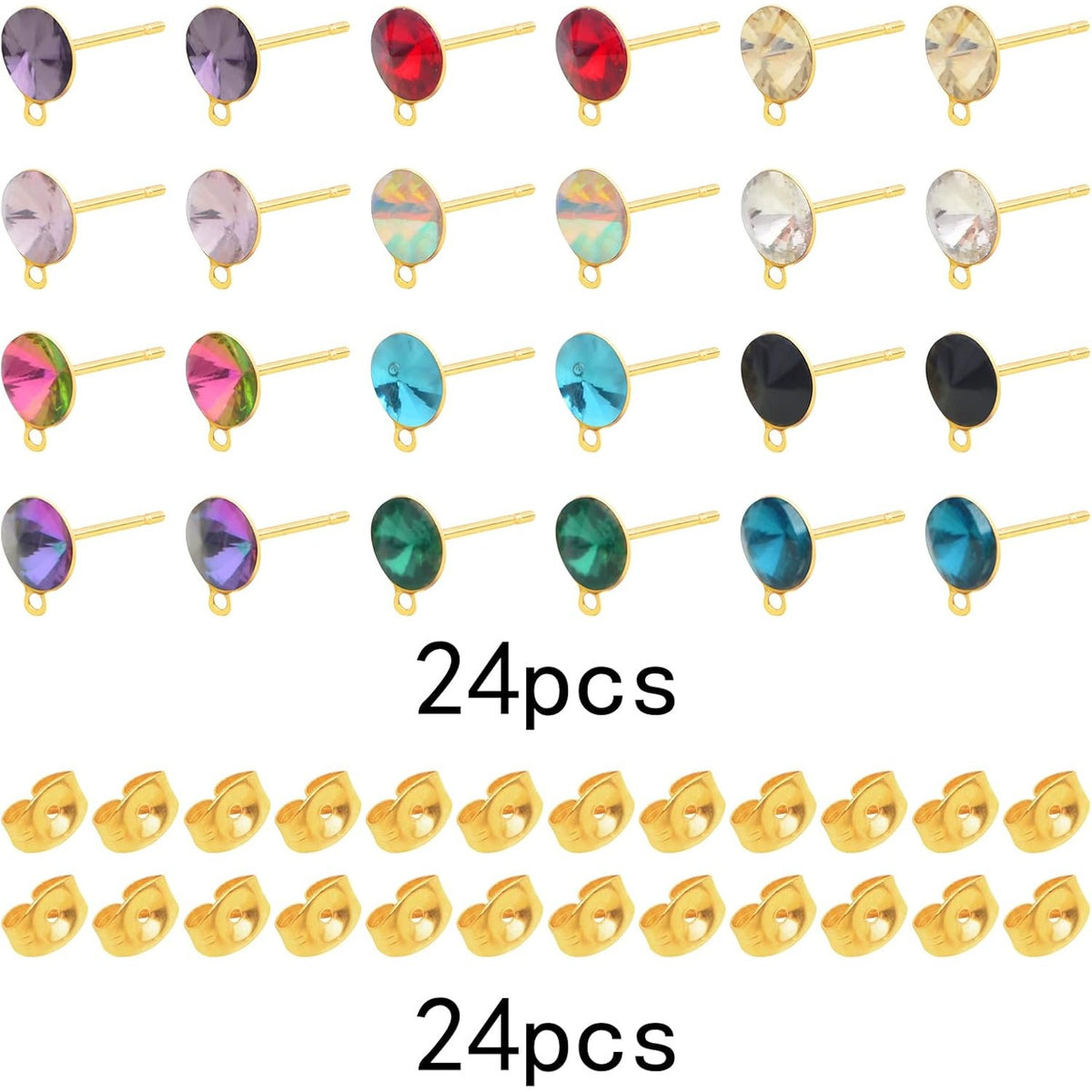 24pcs Stainless Steel Colorful Rhinestone Earring Posts with Loop Hypoallergenic Stud Earrings Findings and 24pcs Golden Butterfly Earring Backs for DIY Crafts Jewelry Making