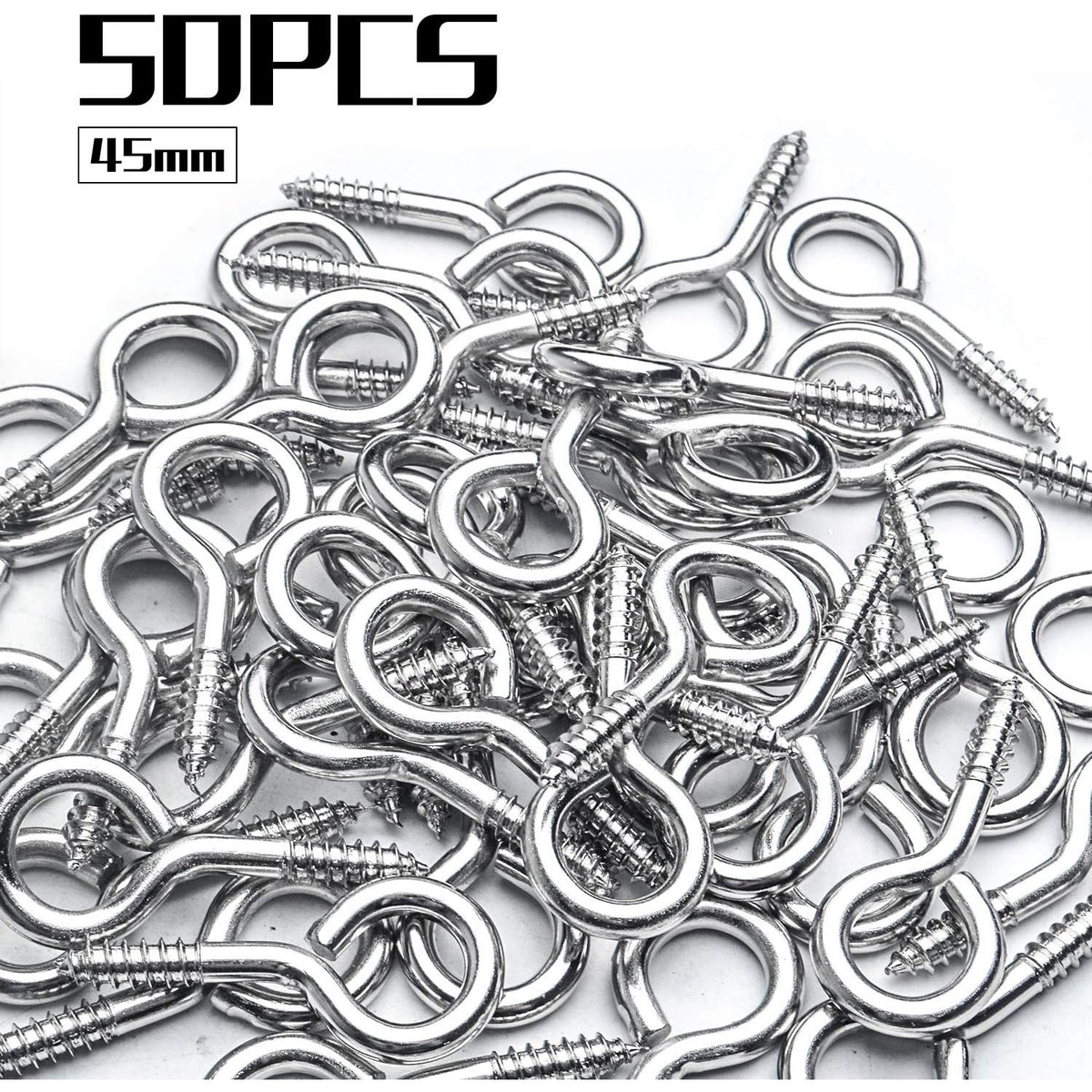 Eye Hooks Screws, 50pcs Metal Screw in Eyes Eye Pin Screws Lighting Ceiling Hooks Screw Hooks Kit for Home Office Outdoor DIY Art Crafts Projects Jewelry Making, 45x40mm