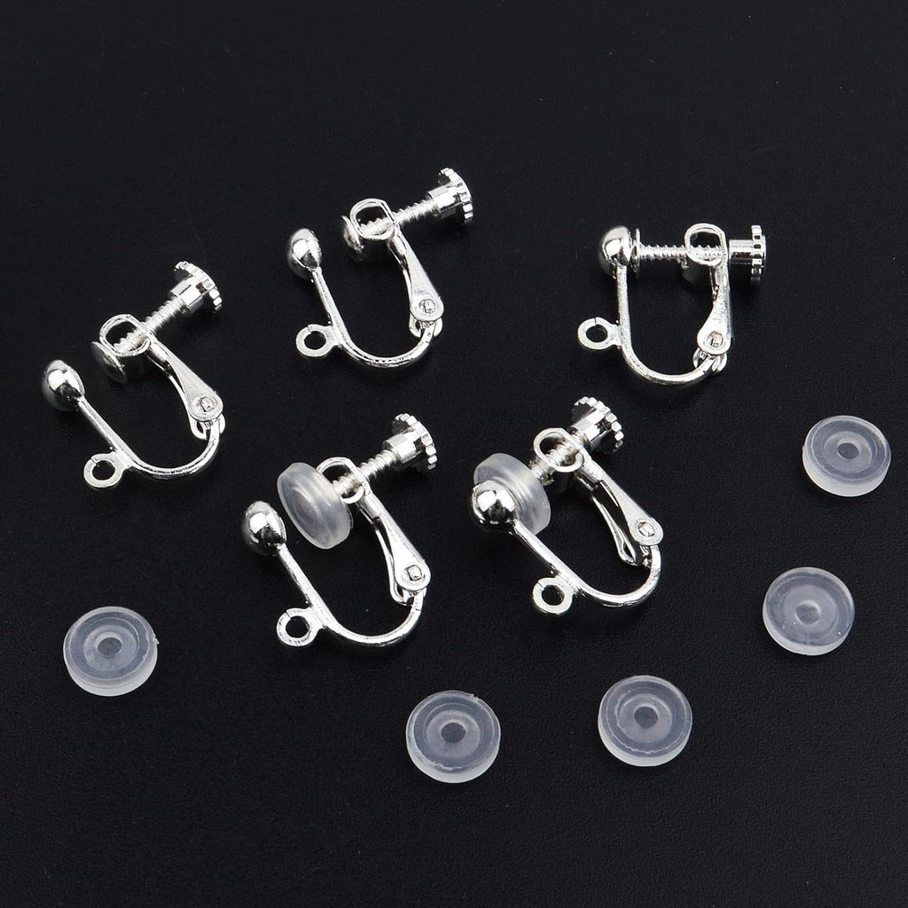 24pcs Clip-on Earring Converters Brass Screw Back Earwire Non Pierced Earring Components with Loop and 24pcs Anti-Pain Ear Pads for DIY Jewelry Making, Bright Silver