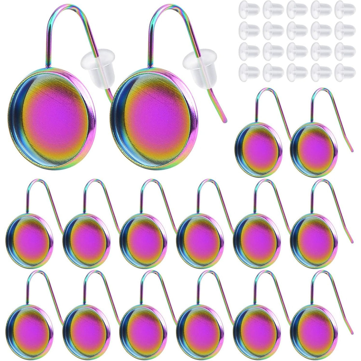 20pcs 12mm Rainbow Color Earring Wire Hooks Blanks Stainless Steel Flat Round Bezel Trays Cabochon Settings and 20pcs Earring Backs for DIY Earrings Jewelry Making Supplies