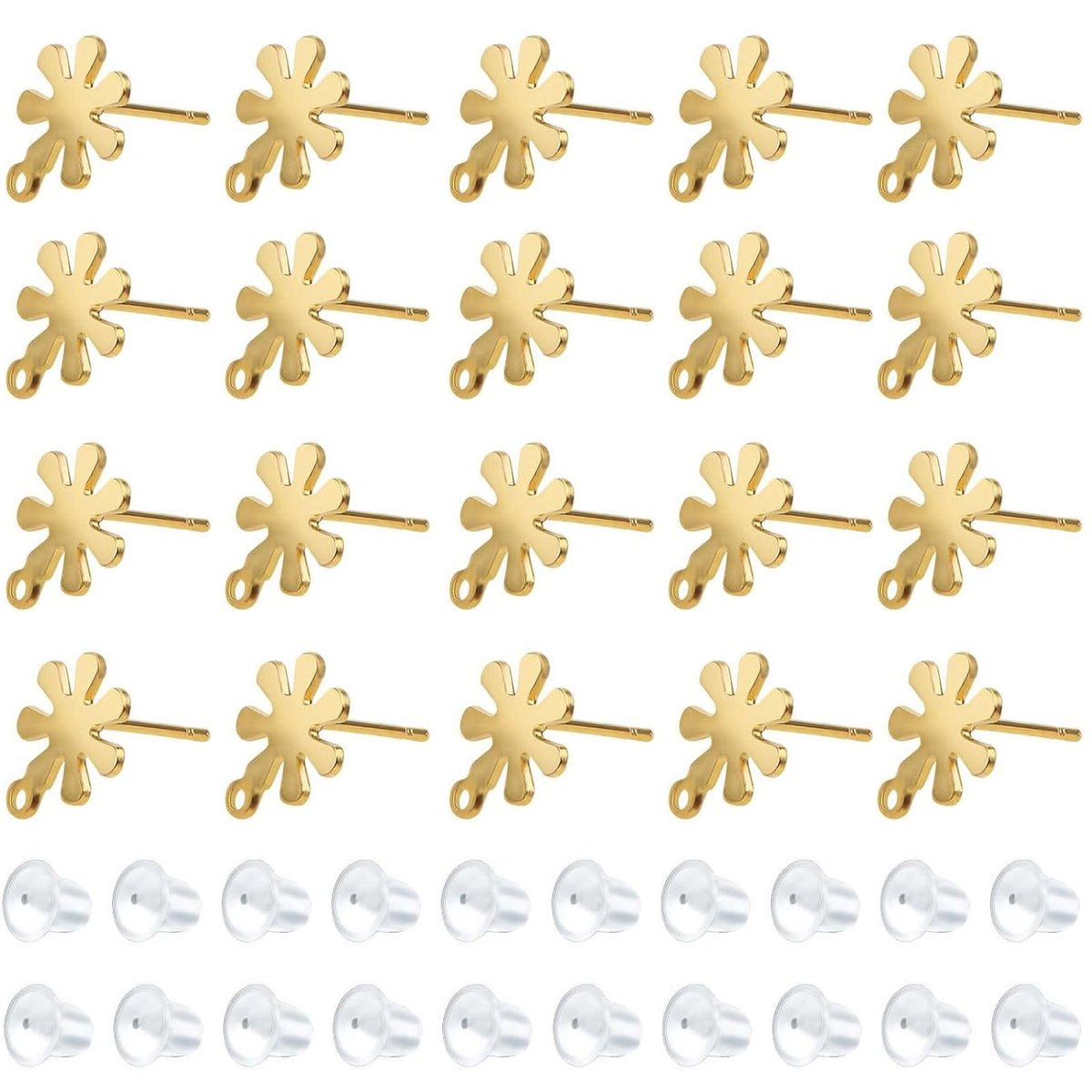 20pcs Stainless Steel Snowflake Earring Posts with Loops Hypoallergenic Stud Earrings with 20pcs Clear Earring Safety Backs for DIY Jewelry Making Findings, 2 Colors
