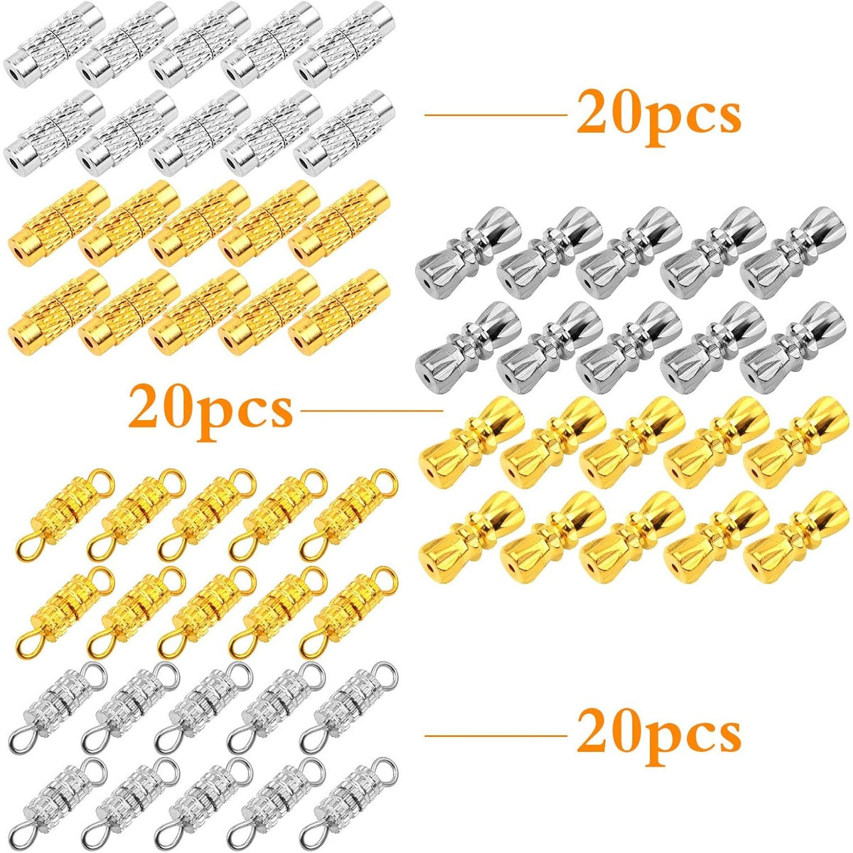 60pcs 3 Styles Brass Screw Type Clasps Necklace Barrel Screw Twist Clasps Connector Cord End Tip Fasteners for DIY Bracelet Necklace Jewelry Craft Making, 3 Colors