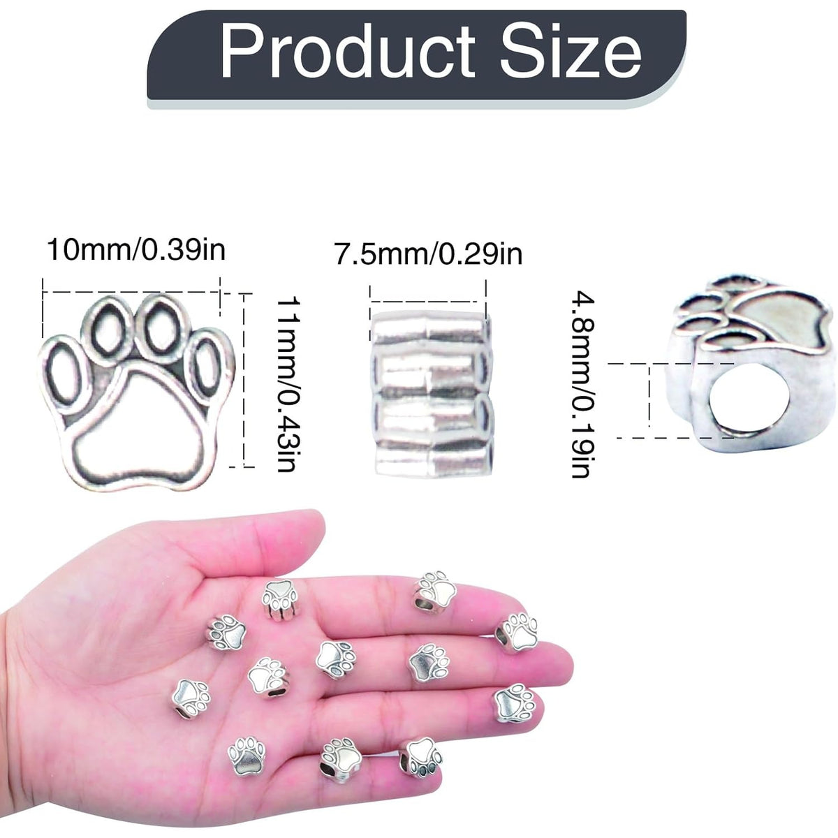 50pcs Antique Silver Animal Paw Print Spacer Beads Vintage Alloy Dog Bear Footprint European Large Hole Beads Accessories for DIY Bracelet Earrings Crafts Jewelry Making, Hole: 4.8 mm