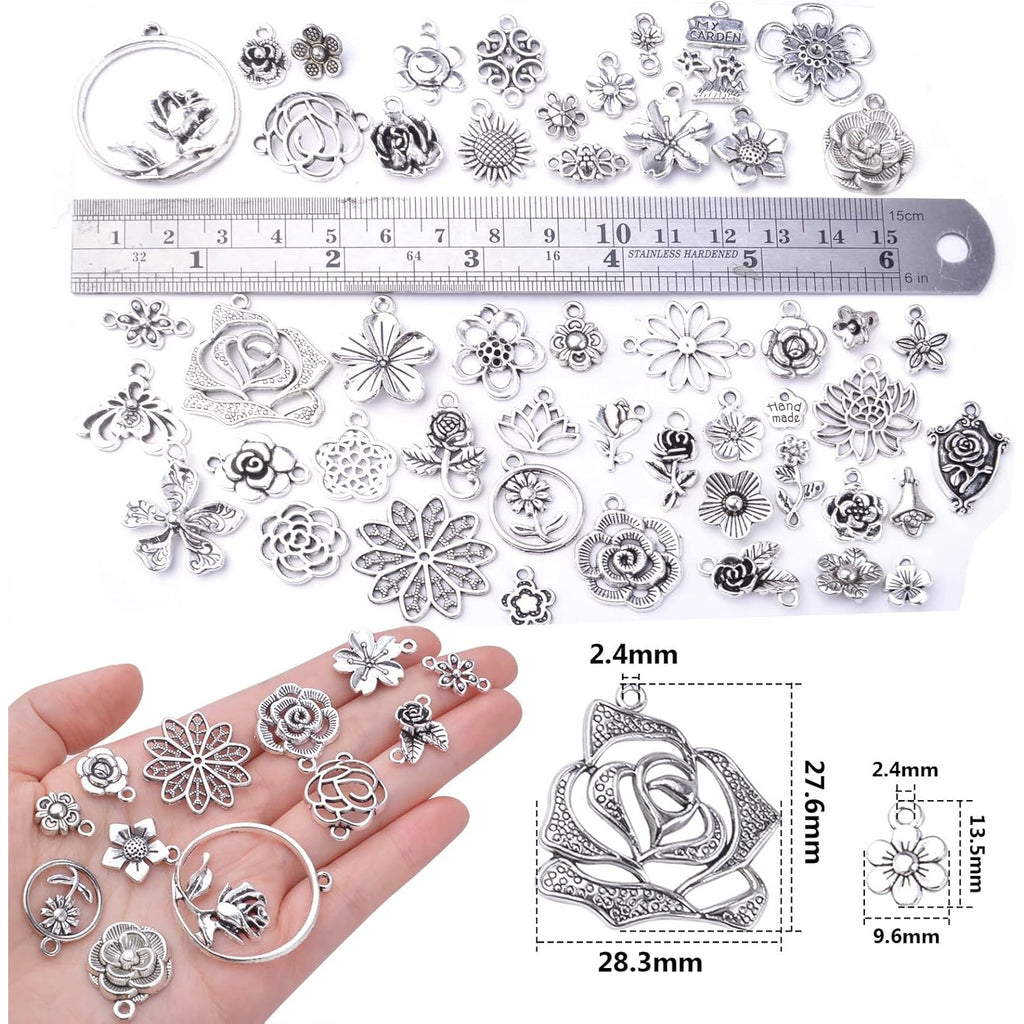 50pcs Mixed Styles Rose Flower Charms Tibetan Alloy Romantic Pendants Flower Beads Connectors Charms for DIY Necklace Bracelet Jewelry Making Birthday Christmas Valentine's Favor