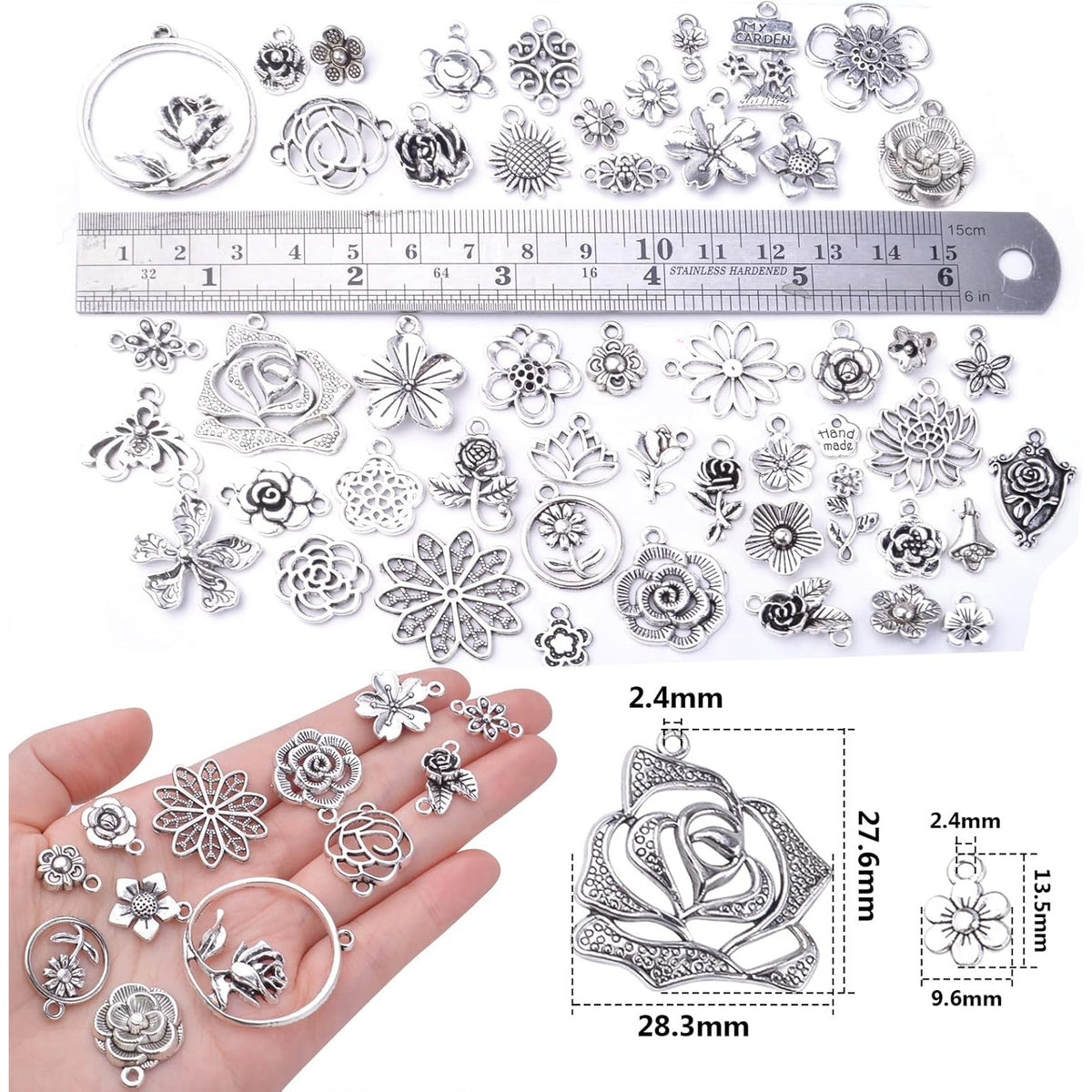 50pcs Mixed Styles Rose Flower Charms Tibetan Alloy Romantic Pendants Flower Beads Connectors Charms for DIY Necklace Bracelet Jewelry Making Birthday Christmas Valentine's Favor