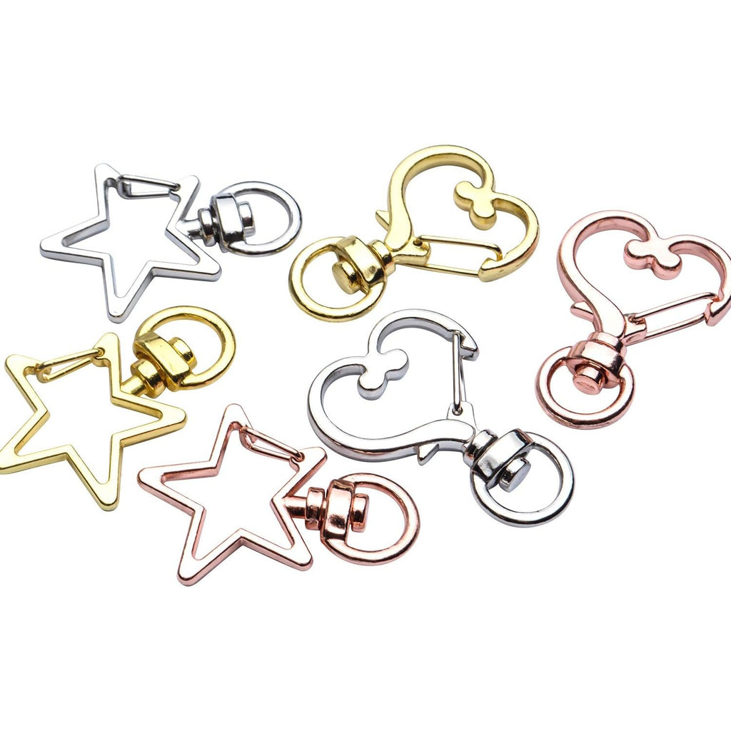Lobster Claw Clasps, 24pcs Metal Swivel Claw Clasps Star and Heart Shape Snap Hook with Key Rings Swivel Lanyard Clips for Bag Keychain DIY Crafts, Golden, Silver, Rose Golden, 34x24mm