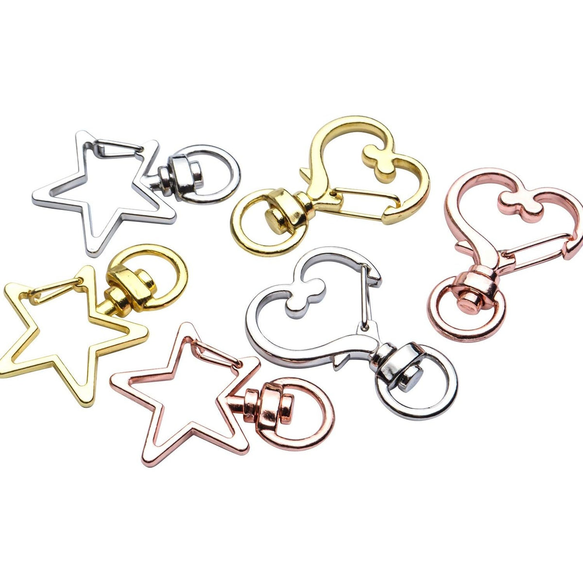 Lobster Claw Clasps, 24pcs Metal Swivel Claw Clasps Star and Heart Shape Snap Hook with Key Rings Swivel Lanyard Clips for Bag Keychain DIY Crafts, Golden, Silver, Rose Golden, 34x24mm