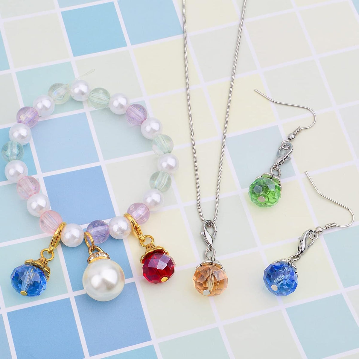 40pcs Colorful Crystal Dangle Charms Antique Golden Silver Flower Bead Cap Drops Pendants with Lobster Claw Clasps for DIY Bracelet Necklace Earrings Jewelry Making