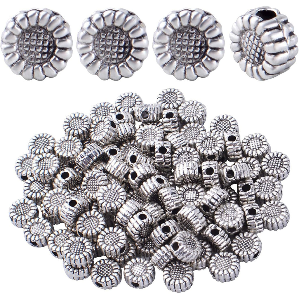 100pcs Antique Silver Sunflower Spacers Beads Tibetan Alloy Flower Bead Spacer Charm Beads Loose Bead Spacers for DIY Bracelet Necklace Jewelry Crafts Making Accessories