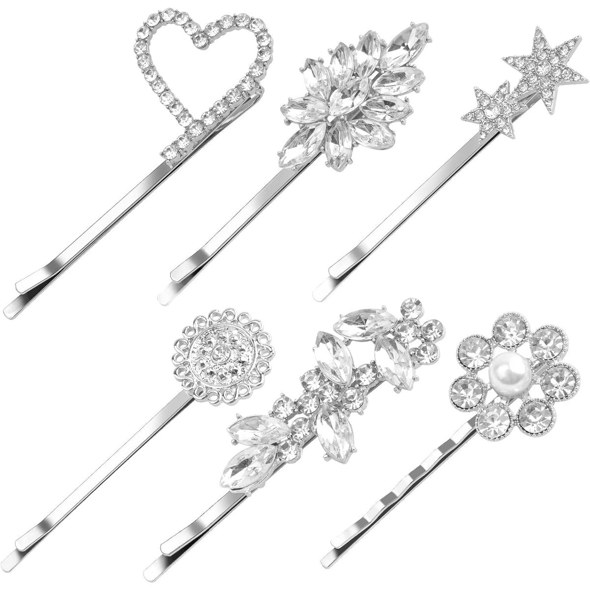 6pcs Silver Rhinestone Wedding Hair Clips Bridal Hair Pins Crystal Bobby Pins Mixed Heart Flower Star Barrettes Hair Accessories for Bride Women and Girls Decoration, 6 Styles