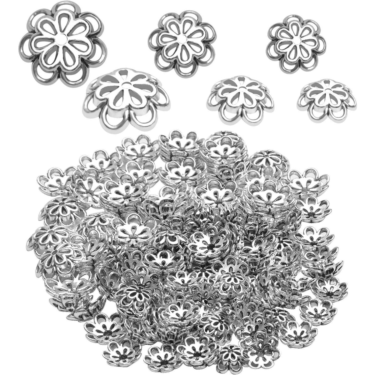 Hollow Double Flower Bead Caps - 120pcs Alloy Spacers for Jewelry Making, DIY Crafts, Bracelets, Necklaces - Antique Silver, 10mm, 12mm, 15mm