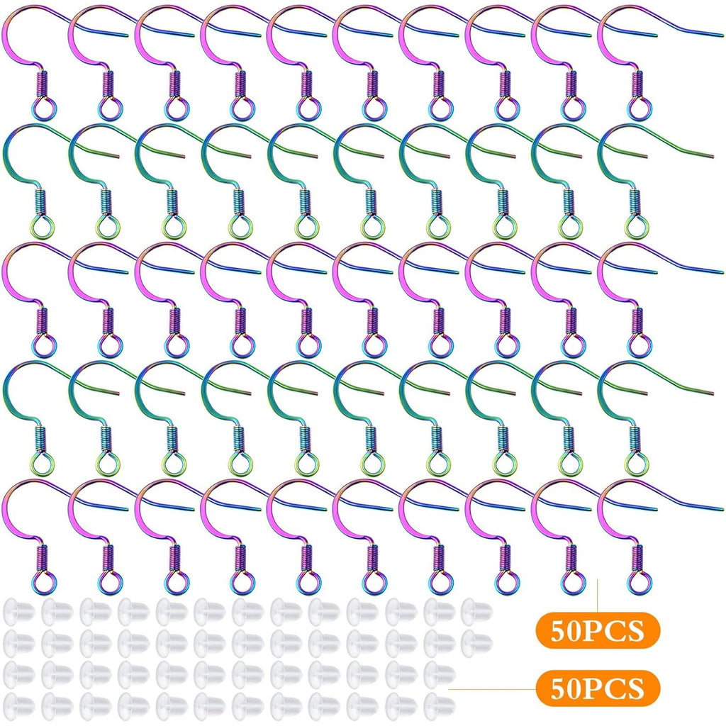 50pcs Stainless Steel Earring Hooks Hypoallergenic French Ear Wire Fish Hooks with 50pcs Clear Earring Safety Backs for DIY Earrings Jewelry Making Supplies, Rainbow Color