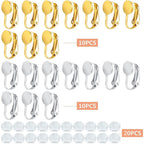 20pcs Clip-on Earring Converters Brass Round Flat Back Tray Earring Clips Components with Silicon Earring Pads for DIY Earrings Design Jewelry Making Findings, Gold and Silver