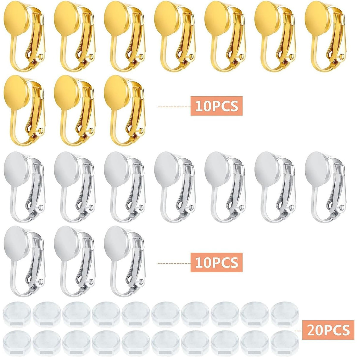 20pcs Clip-on Earring Converters Brass Round Flat Back Tray Earring Clips Components with Silicon Earring Pads for DIY Earrings Design Jewelry Making Findings, Gold and Silver