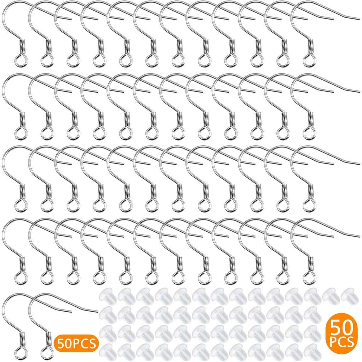 50pcs Stainless Steel Earring Hooks Hypoallergenic French Ear Wire Fish Hooks with 50pcs Clear Silicone Earring Backs for DIY Dangle Earrings Jewelry Making Decor