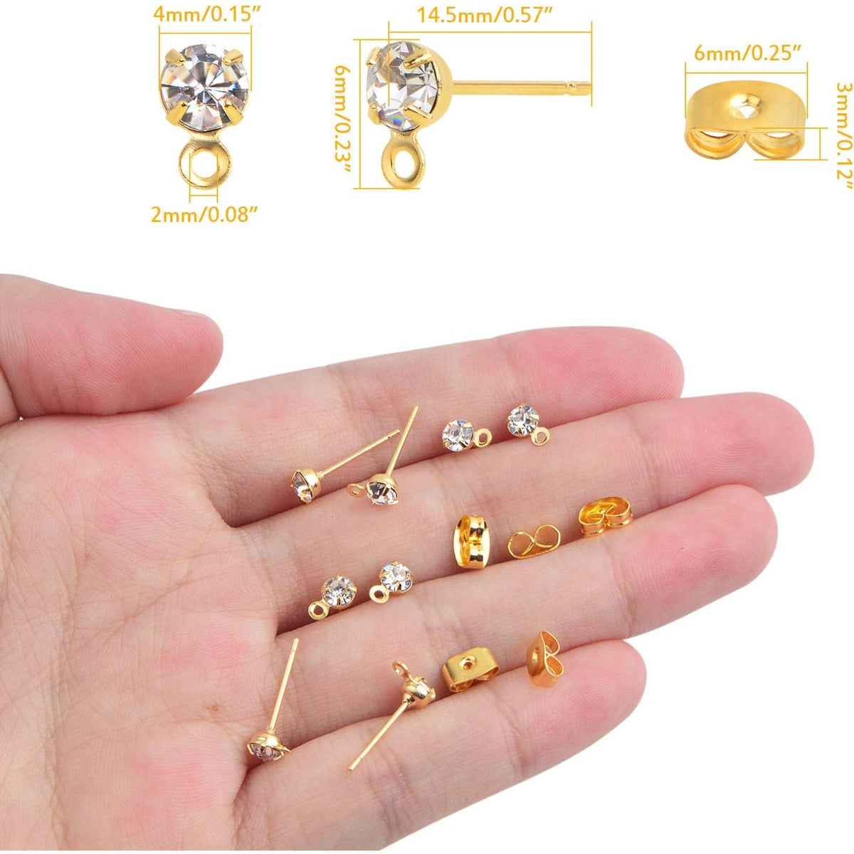 30pcs Stainless Steel Rhinestone Earring Posts with Loop Hypoallergenic Stud Earrings Findings and 30pcs Butterfly Earring Backs for DIY Jewelry Making Supplies, Golden