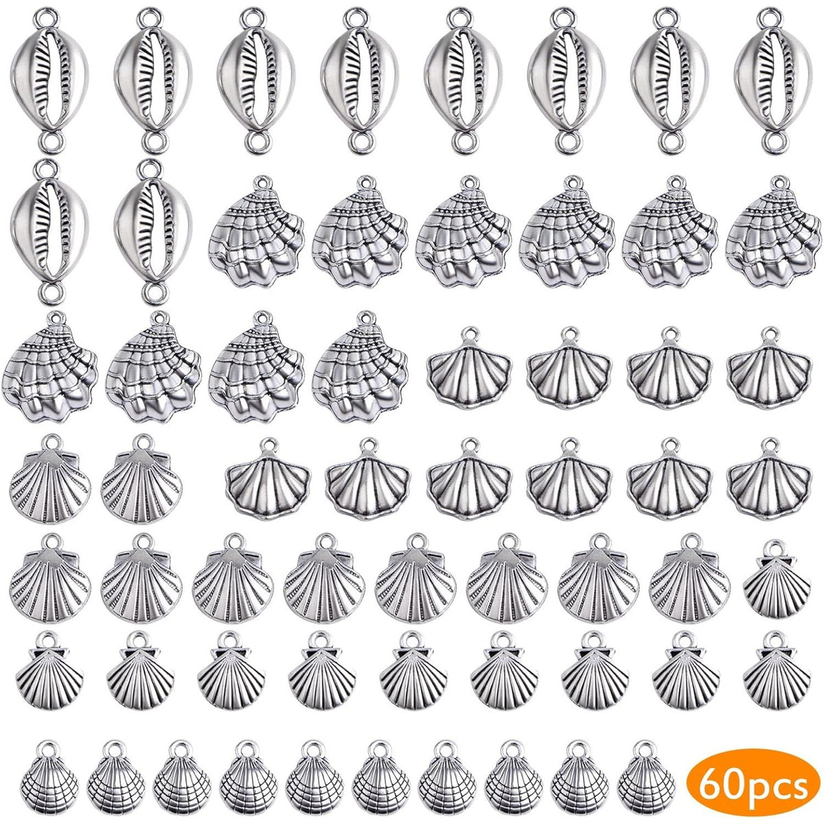 60pcs Antique Silver Sea Shell Charms Vintage Alloy Seashell Shape Ocean Life Dangle Pendants Craft Supplies for DIY Jewelry Making Birthday Party Gifts, 6 Styles