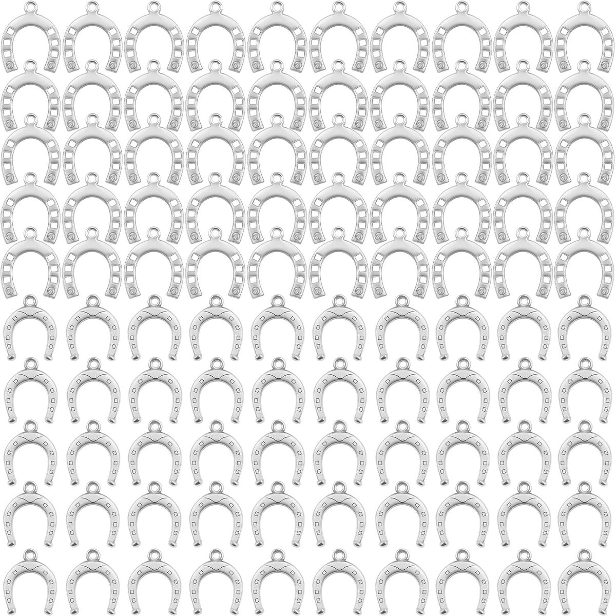 100pcs 2 Styles Vintage Horseshoe Shape Charms Alloy Western Lucky Horseshoe Dangle Pendants with a Plastic Box for DIY Necklace Earrings Crafts Jewelry Making, 2 Colors