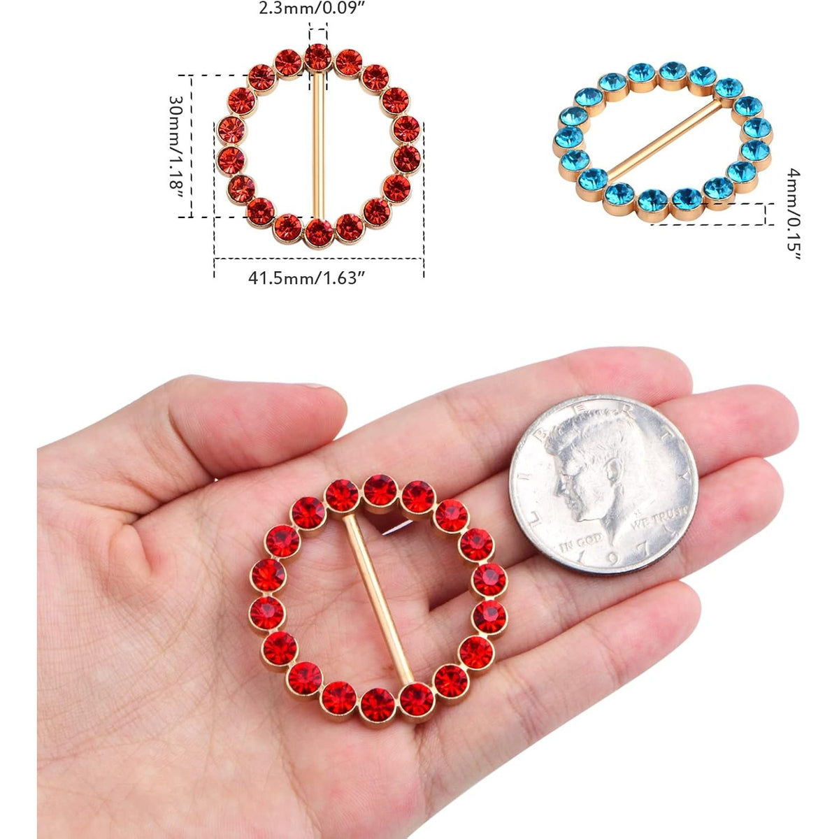 10 Pieces Metal Round Scarf Ring Clips Waist Buckle Circle Clip T-Shirt Silk Tie Pin Clips with Bling Rhinestone for Women Fashion Clothes Hat Belt Decor, 10 Colors