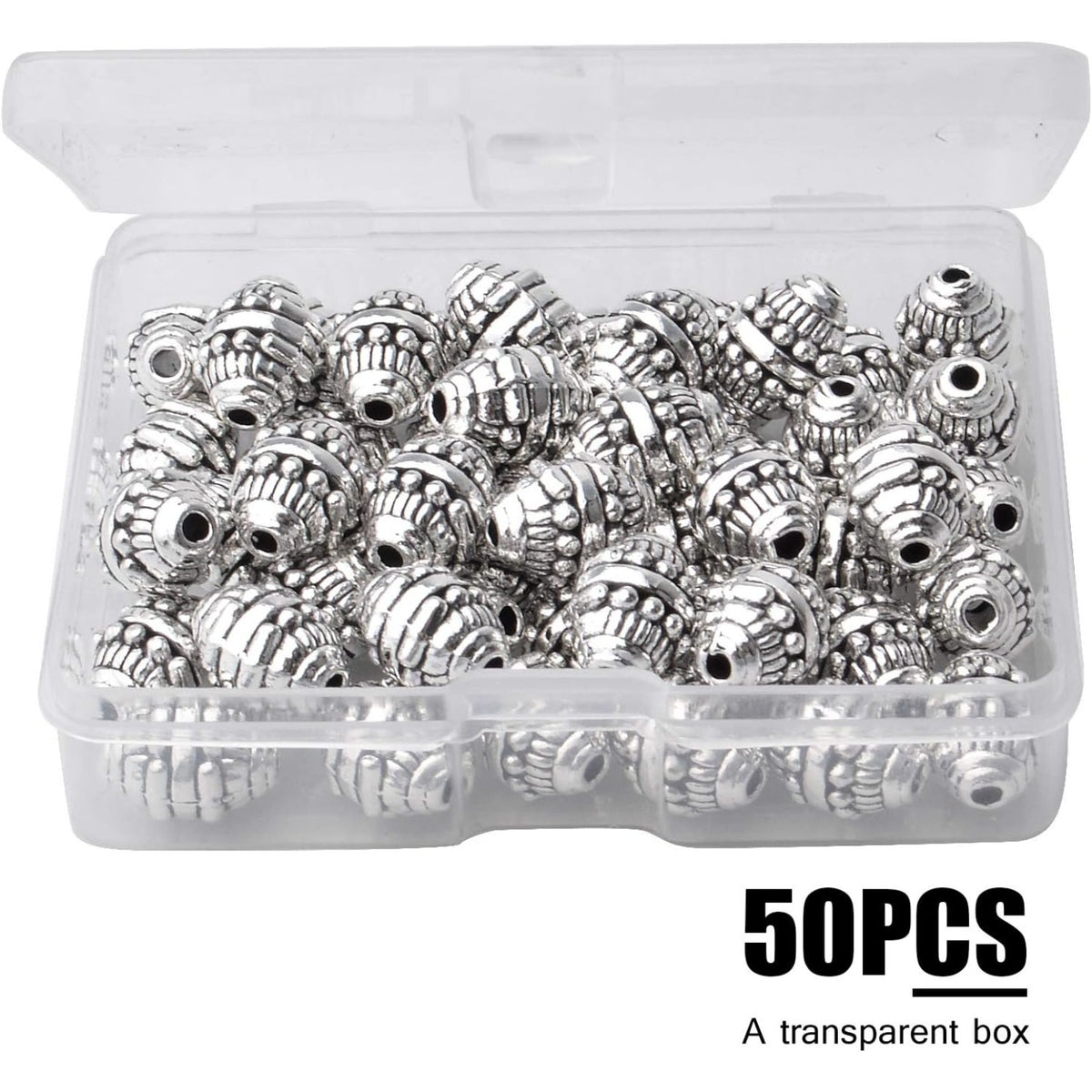 50pcs Alloy Antique Silver Bicone Spacer Beads Tibetan Beads Loose Spacer Bead Jewelry Spacer Charms with A Box for Earring Bracelet DIY Jewelry Crafts Making