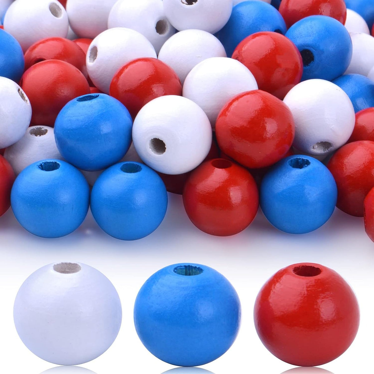 120pcs Independence Day Natural Wood Beads 16mm Patriotic Round Wooden Beads Red White Blue Wood Ball Beads Loose Beads for 4th of July Garland Home Decoration Jewelry Making