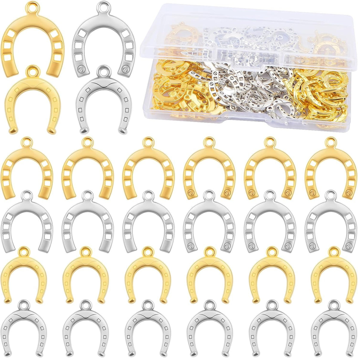 100pcs 2 Styles Vintage Horseshoe Shape Charms Alloy Western Lucky Horseshoe Dangle Pendants with a Plastic Box for DIY Necklace Earrings Crafts Jewelry Making, 2 Colors
