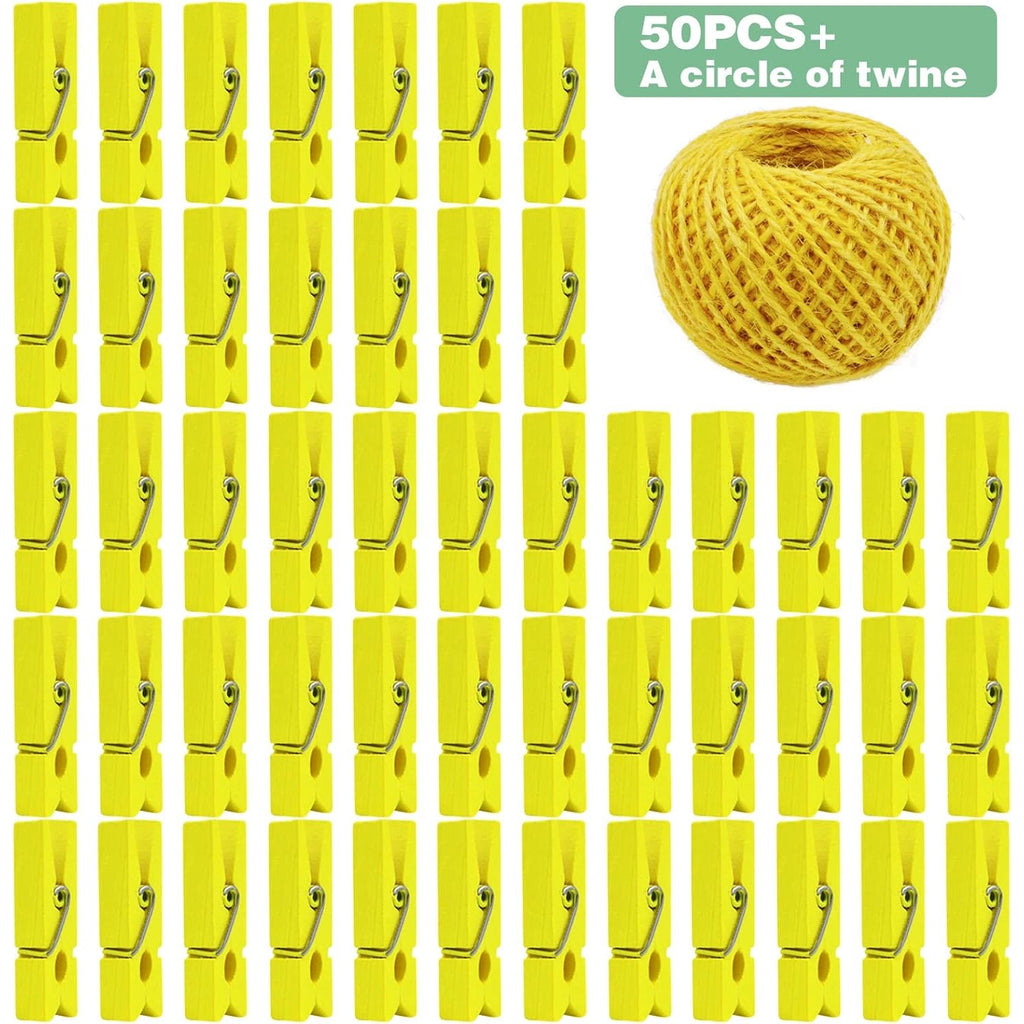50pcs Wooden Photo Clips Clothespins Utility Pictures Paper Peg Pin Craft Clips and 50m Jute Twine for Home School Handmade Decoration(Yellow)
