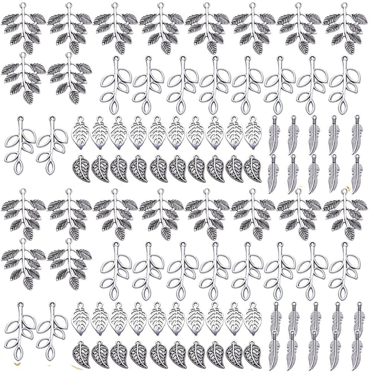 100pcs 5 Styles Tree Leaf Charms Tibetan Alloy Leaves Branch Pendants Vintage Dangle Charms for DIY Earring Necklace Keychains Jewelry Making Accessory, Gold and Antique Silver