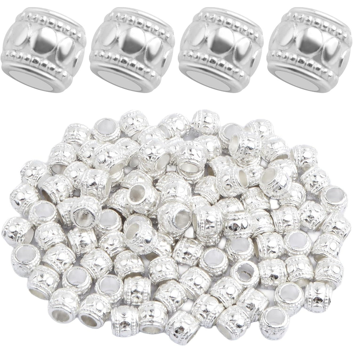 100pcs Alloy Round Column Spacer Beads Large Hole (4 mm) Tube Loose Beads Bulk Metal Spacers Craft Supplies for DIY European Bracelet Necklace Earrings Jewelry Making, Bright Silver