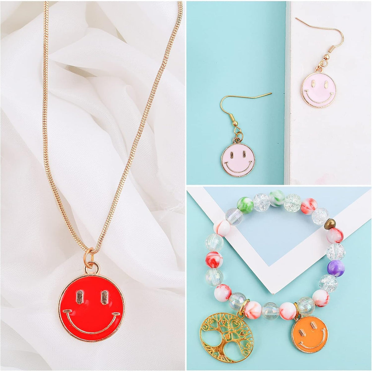 60pcs Golden Plated Colorful Enamel Smiley Face Charms Antique Alloy Smiling Happy Face Dangle Pendants Craft Supplies for DIY Jewelry Making Decorative Gifts, 3 Sizes