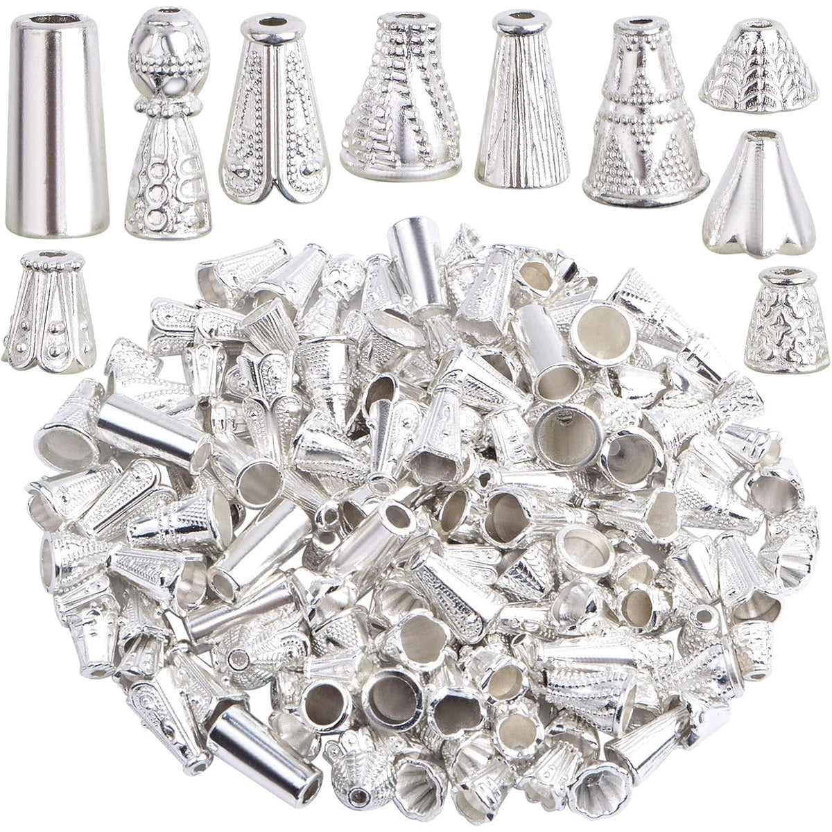 100 Gram (About 110-150pcs) Mixed Styles Cone Bead Caps Tibetan Alloy Flower Spacer Bead Caps Tassel End Caps for DIY Bracelet Necklace Jewelry Craft Making, Bright Silver