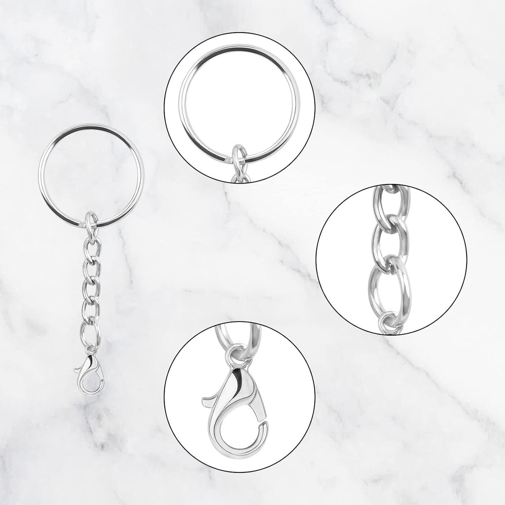30pcs 25 mm Silver Split Keyrings with Chain Metal Keychain Rings Parts with Jump Rings Lanyard Snap Hook Lobster Claw Clasps for DIY Keychains Art Crafts Jewelry Making