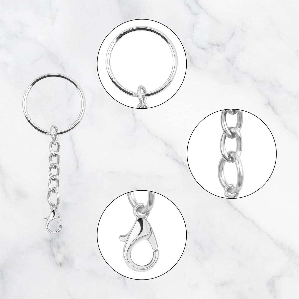 30pcs 25 mm Silver Split Keyrings with Chain Metal Keychain Rings Parts with Jump Rings Lanyard Snap Hook Lobster Claw Clasps for DIY Keychains Art Crafts Jewelry Making