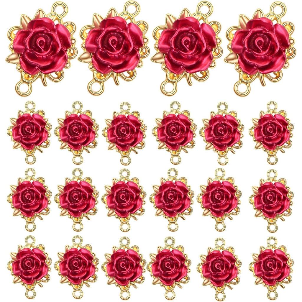 20pcs KC Golden Plated Red Rose Charms Connectors Alloy Lovely 3D Roseflower Shape Dangle Pendants with Double Holes for DIY Necklaces Earrings Jewelry Making Valentine's Gifts
