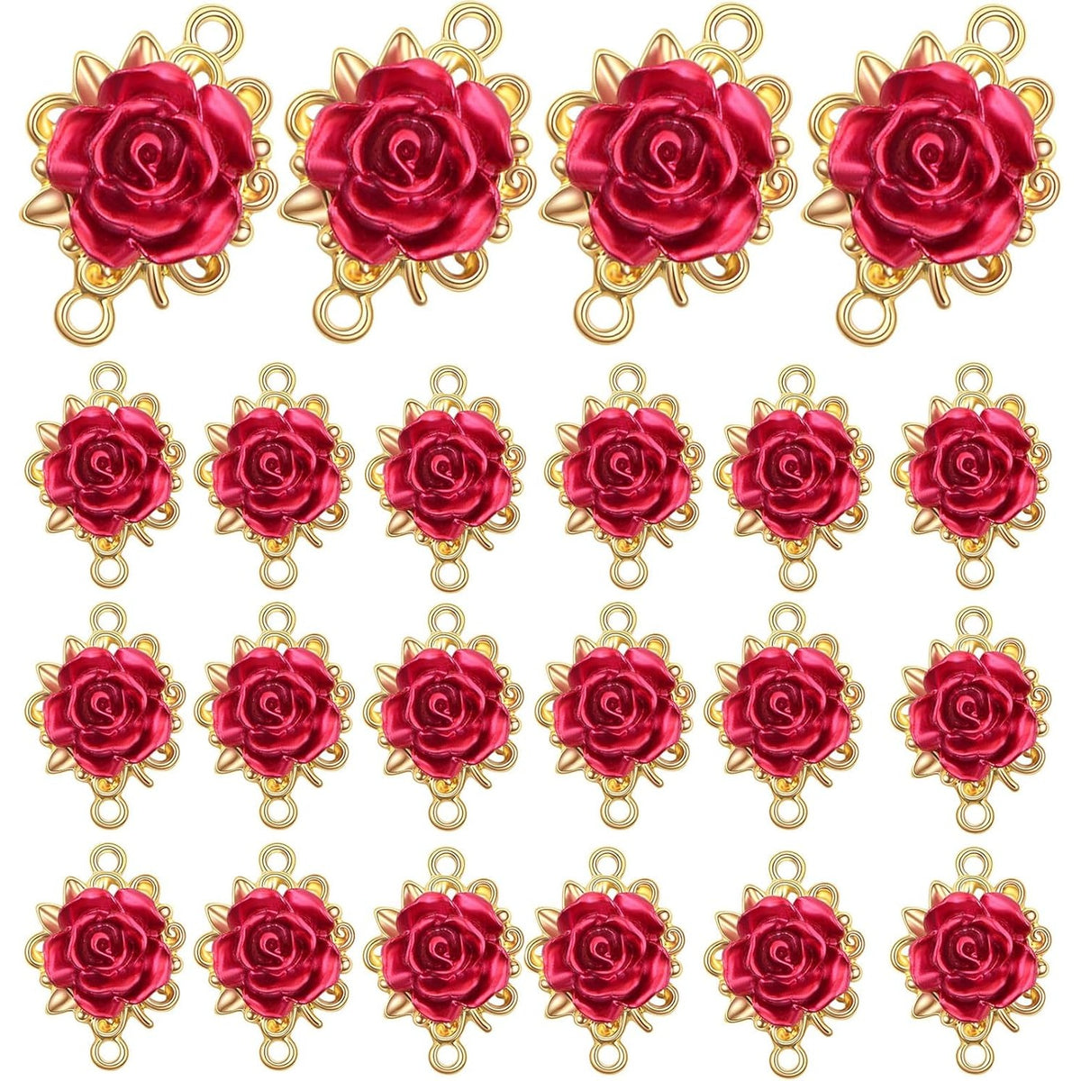 20pcs KC Golden Plated Red Rose Charms Connectors Alloy Lovely 3D Roseflower Shape Dangle Pendants with Double Holes for DIY Necklaces Earrings Jewelry Making Valentine's Gifts