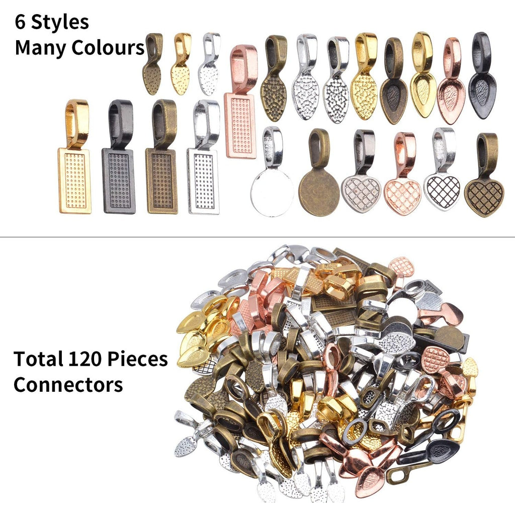 Pendant Connector,120 Pieces Tibetan Style Alloy Glue-on Flat Pad Bails Shovel Shape Pendants Charms Connector Hanger for Jewelry Making,6 Styles in 5 Colors