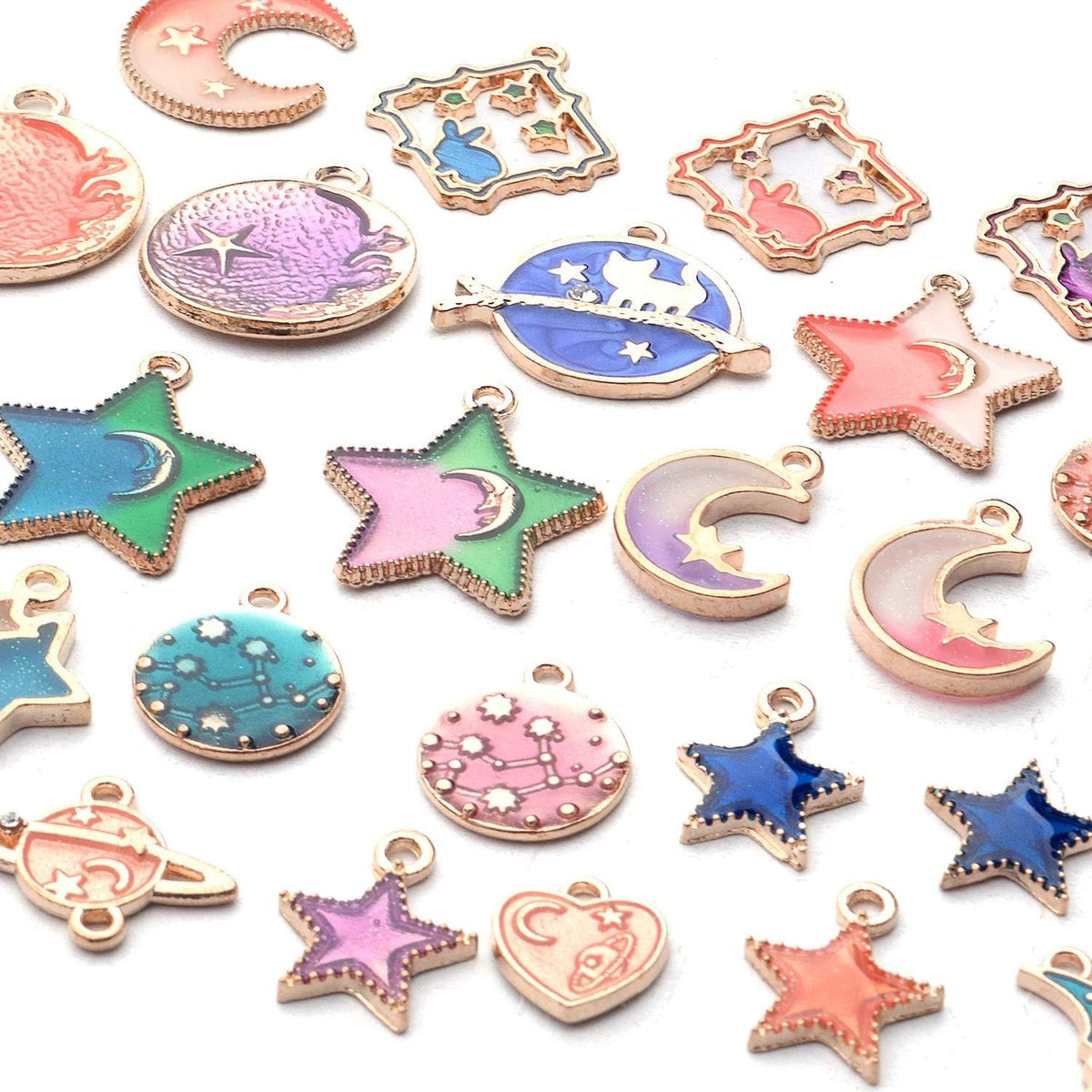 60pcs Mixed Enamel Heart Moon Star Charms Celestial Charm Jewelry Charms Pendants DIY for Earrings Necklace Bracelet Jewelry Making and Crafting, 3 Colors