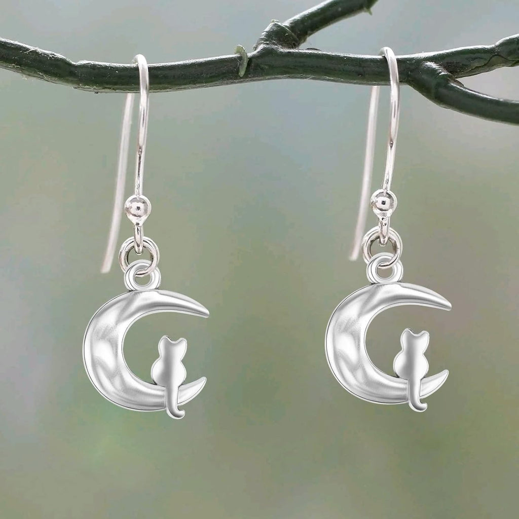 50pcs Antique Silver Crescent Moon with Cat Shape Charms Tibetan Alloy Cat On Moon Pendants Half Moon Celestial Dangle Charms for DIY Necklace Bracelet Earrings Jewelry Making
