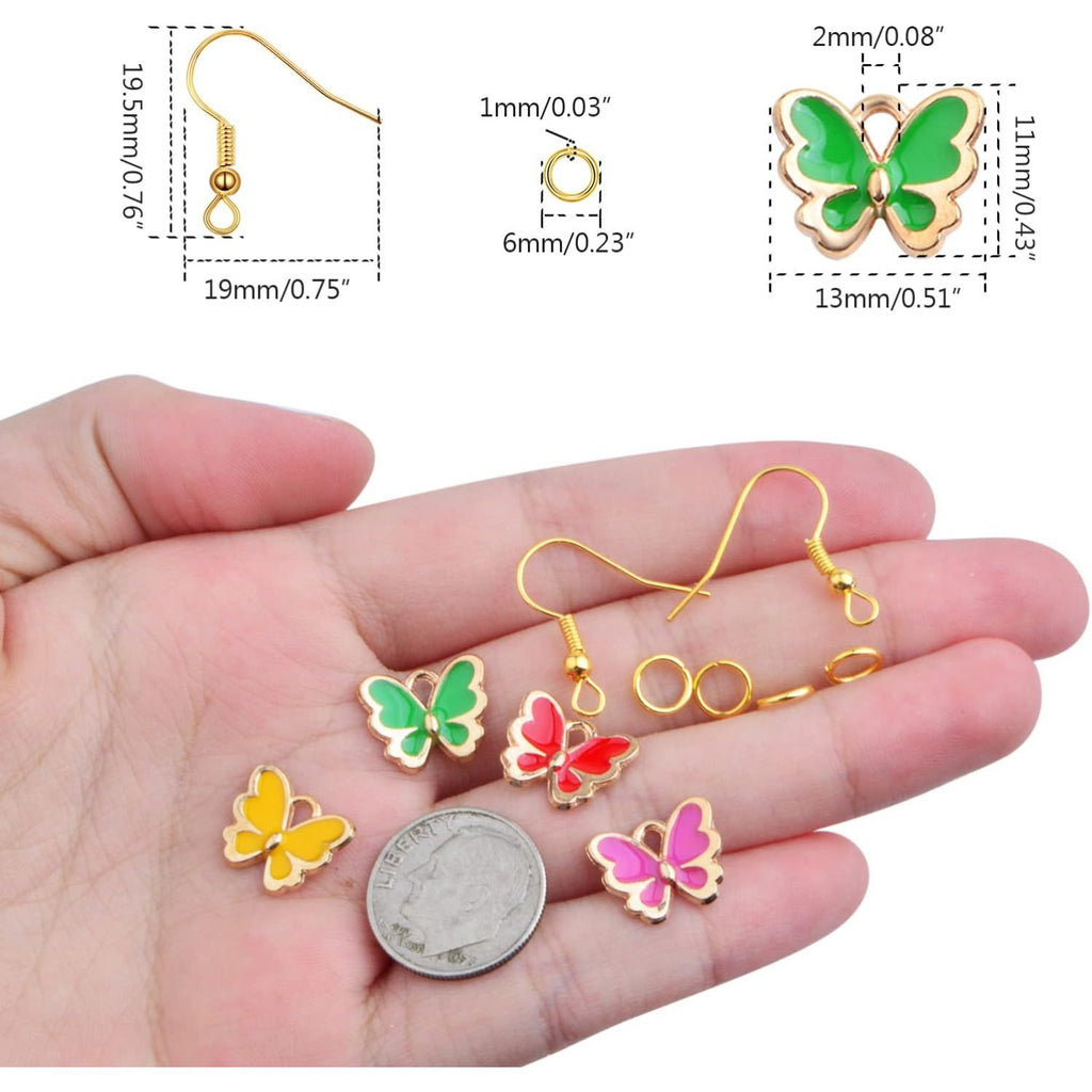 40pcs 10 Colors Enamel Butterfly Charm Pendants and 40pcs Golden Plated Earring Hooks with 80pcs Open Jump Rings, A Plastic Box for DIY Jewelry Making Handmade Supplies